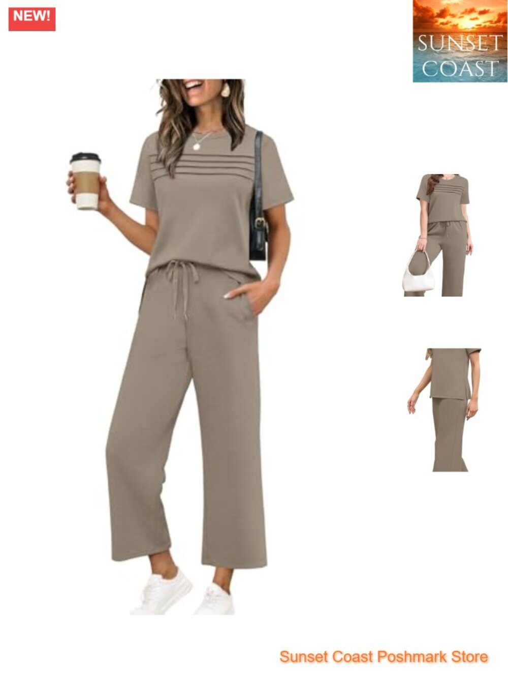 WIHOLL Two Piece Lounge Set Short Sleeve Wide Leg Crop Pants Travel Vacation